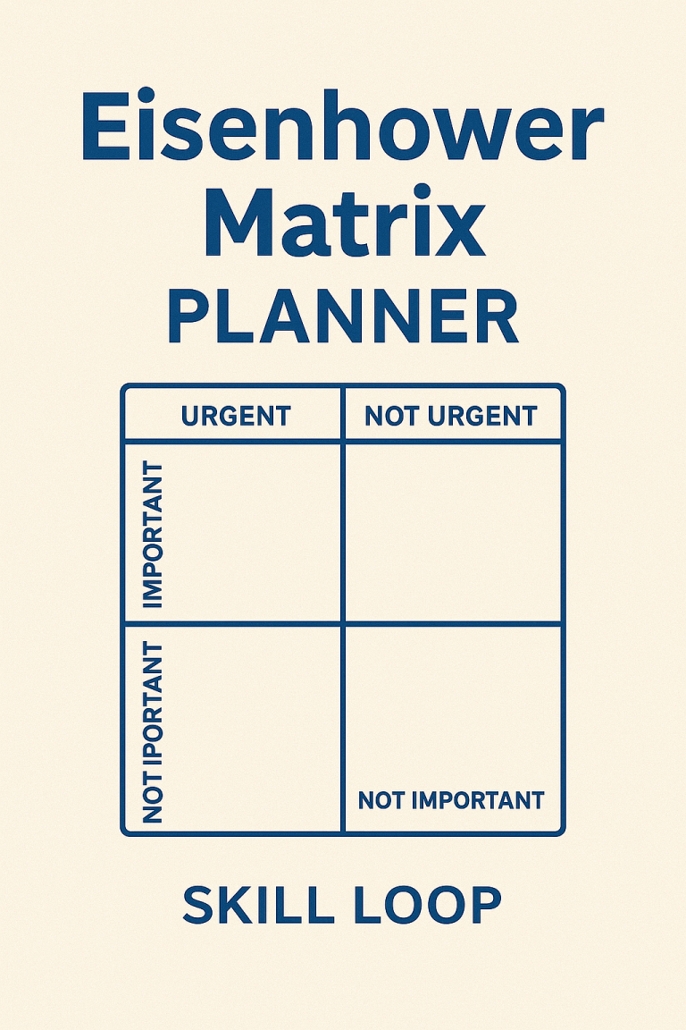 Skill Loop Collective Research Hub Eisenhower Matrix planner layout with four quadrants for prioritizing tasks.
