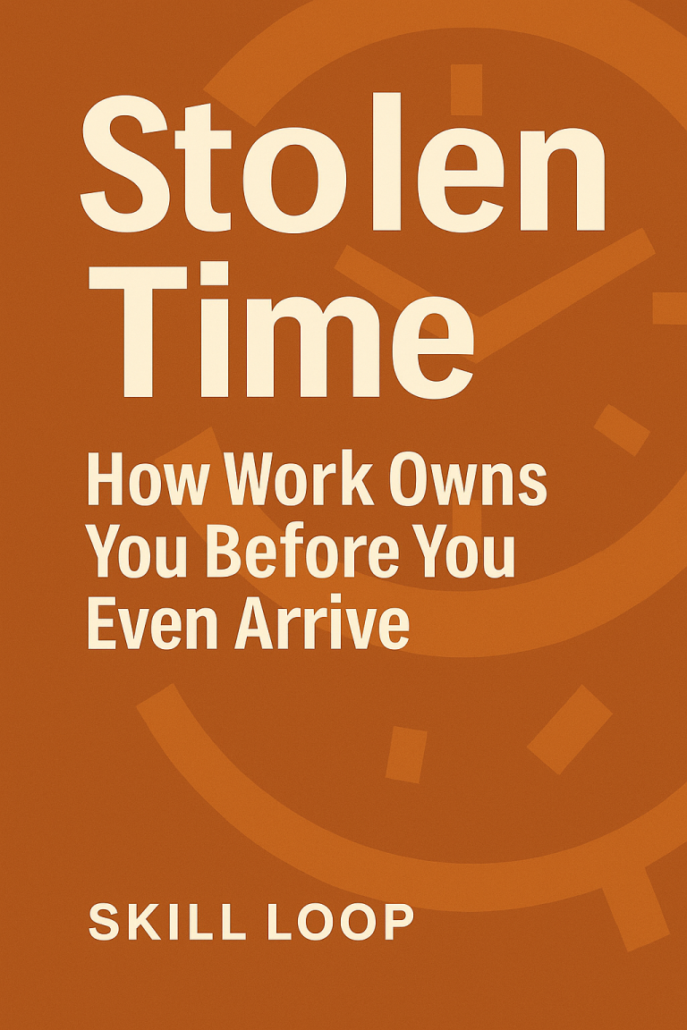 Skill Loop Collective Research Hub Book cover titled "Stolen Time," featuring a clock graphic and the subtitle about work ownership.