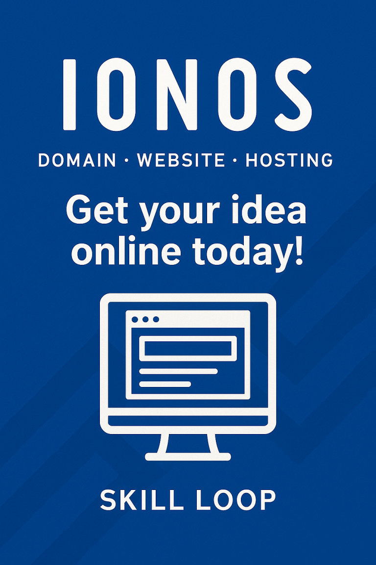 Skill Loop Collective Research Hub Blue background with text promoting online domain, website, and hosting services by IONOS.