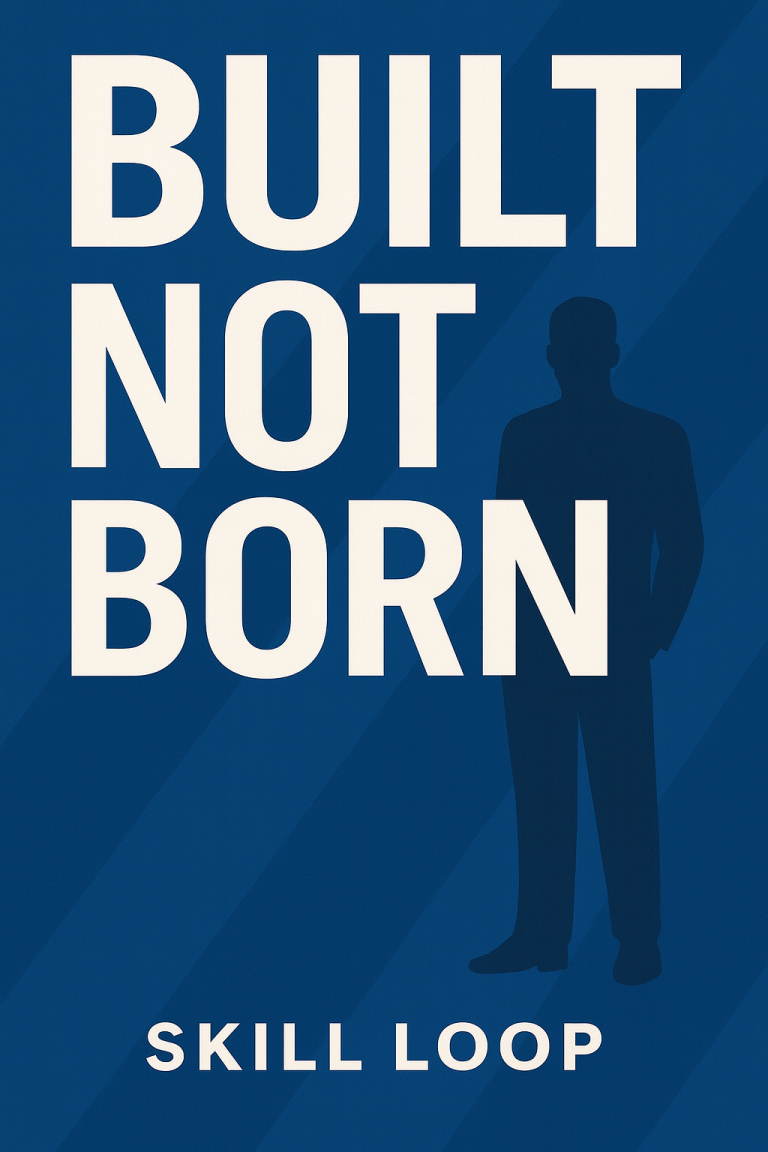 Skill Loop Collective Research Hub Book cover with a blue background, featuring the text "Built Not Born" and a silhouette of a person.